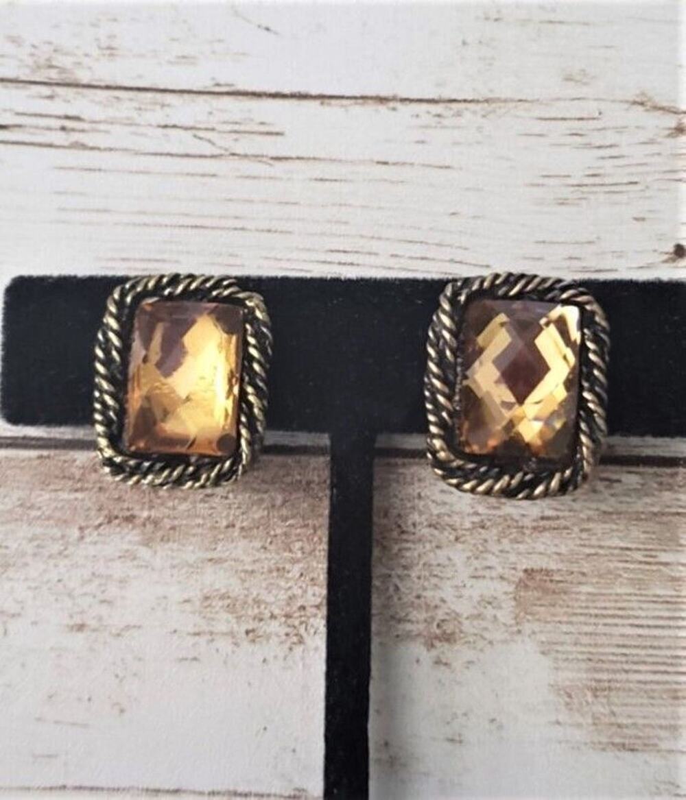 Vintage Clip On Earrings - Amber Tone Gem with Twisted Halo 0.75"
